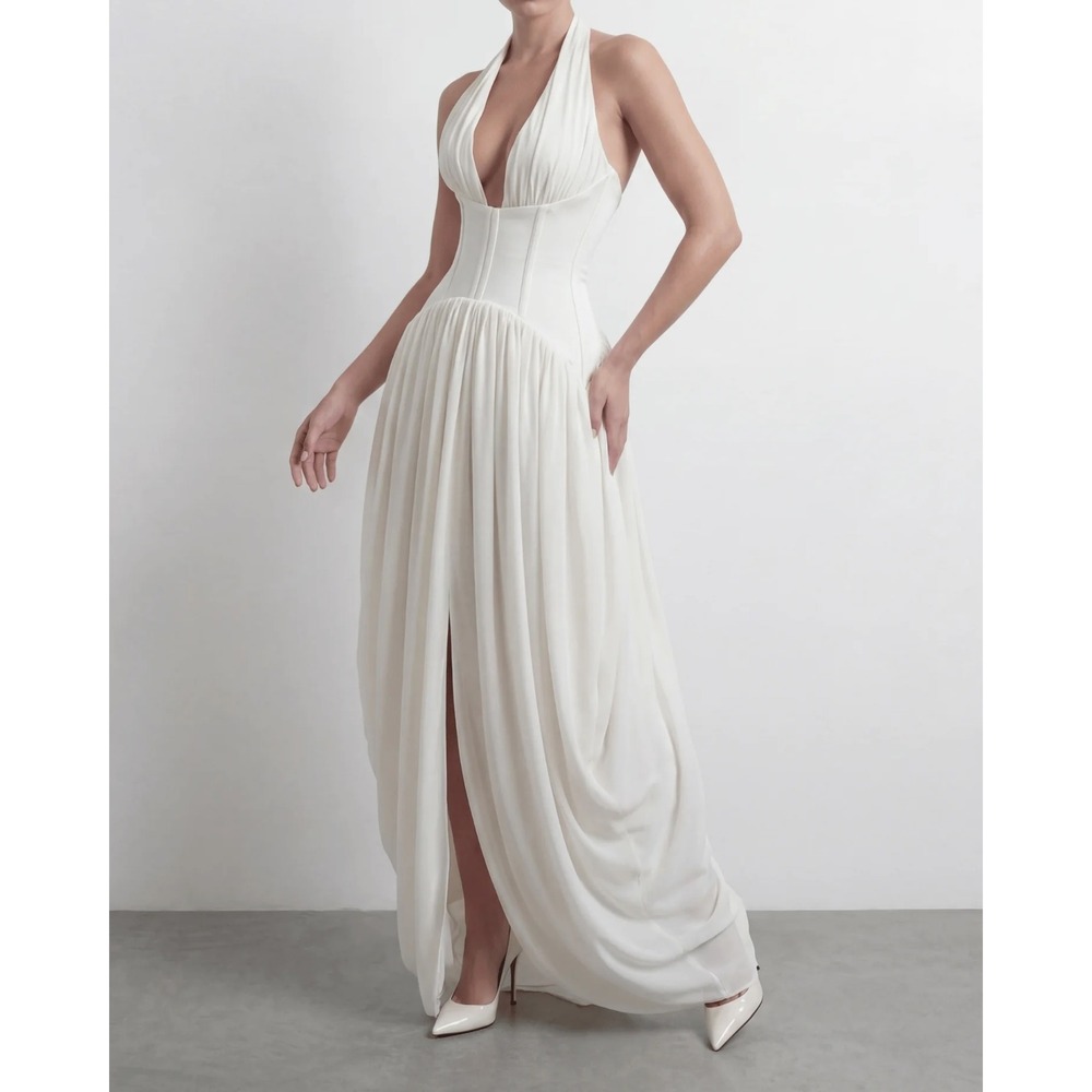 Heiress Beverly Hills White Corset Halter Maxi Dress Grecian Draped Gown